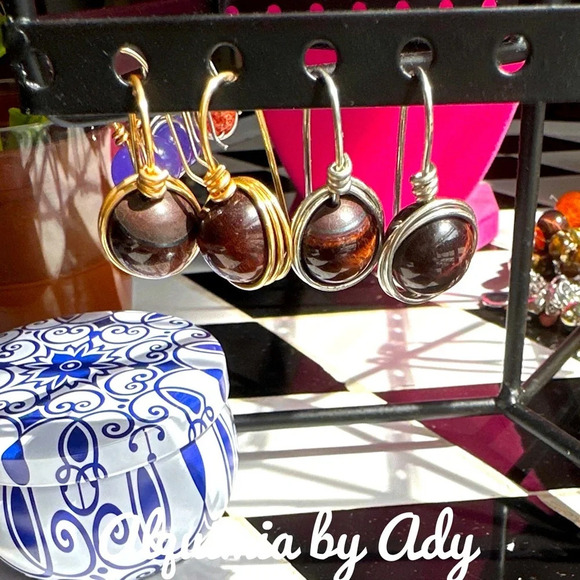 Red Tiger’s eye dangle big spheres hoops earrings/ silver gold bohemian - Picture 1 of 4